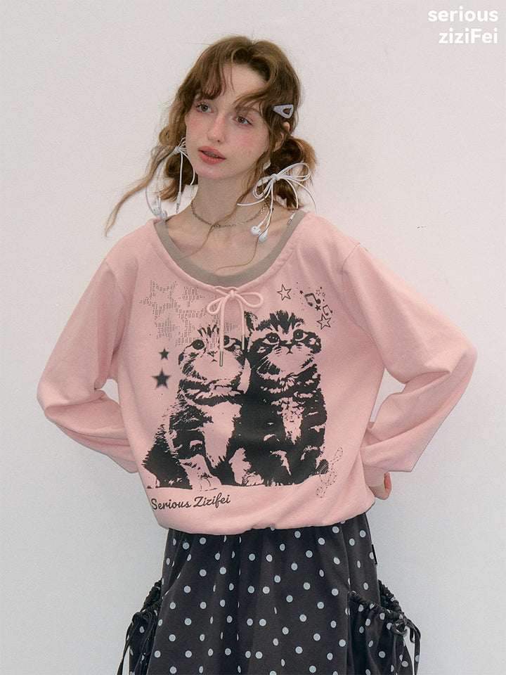 Retro Cat Graphic Tie-Neck Sweatshirt