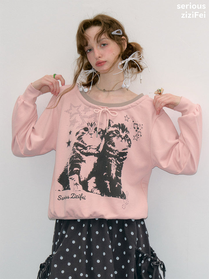Retro Cat Graphic Tie-Neck Sweatshirt