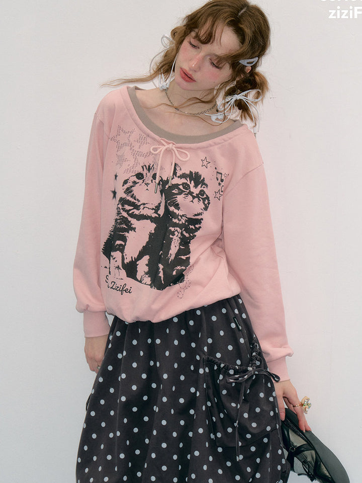 Retro Cat Graphic Tie-Neck Sweatshirt