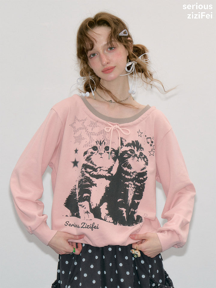 Retro Cat Graphic Tie-Neck Sweatshirt