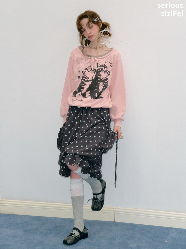 Retro Cat Graphic Tie-Neck Sweatshirt