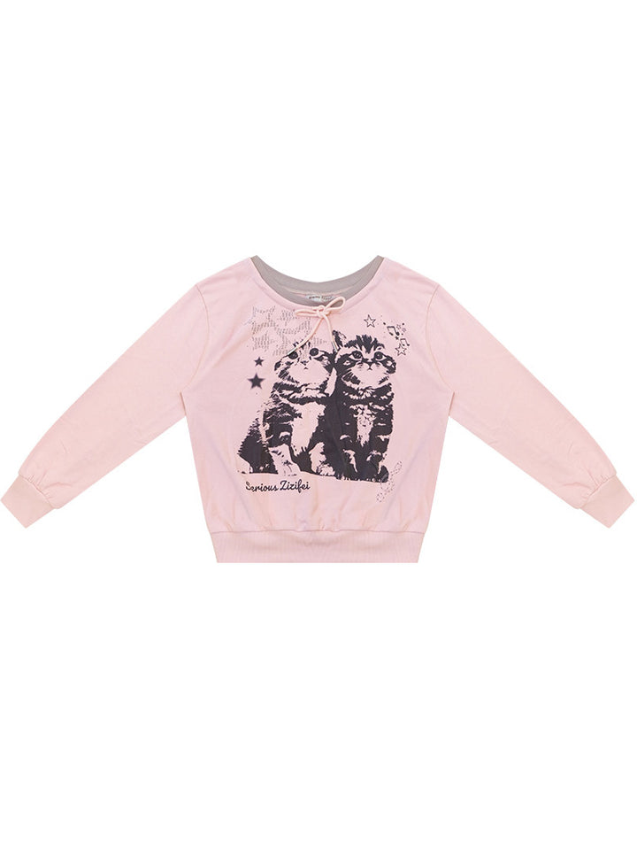 Retro Cat Graphic Tie-Neck Sweatshirt