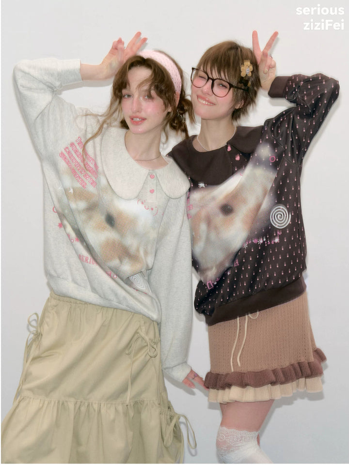 Heart-Button Bunny Photo-Print Sweatshirt