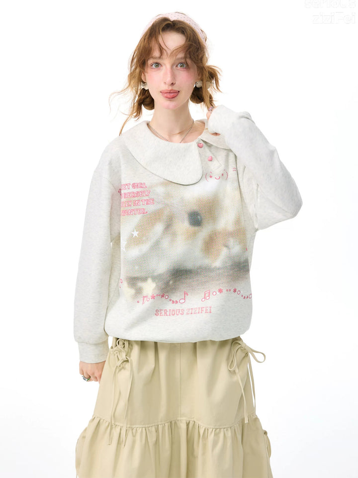 Heart-Button Bunny Photo-Print Sweatshirt