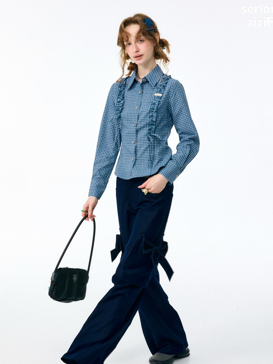 Blue Plaid Tie-Waist Shirt