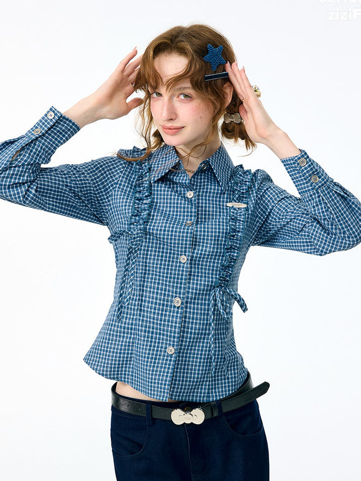 Blue Plaid Tie-Waist Shirt