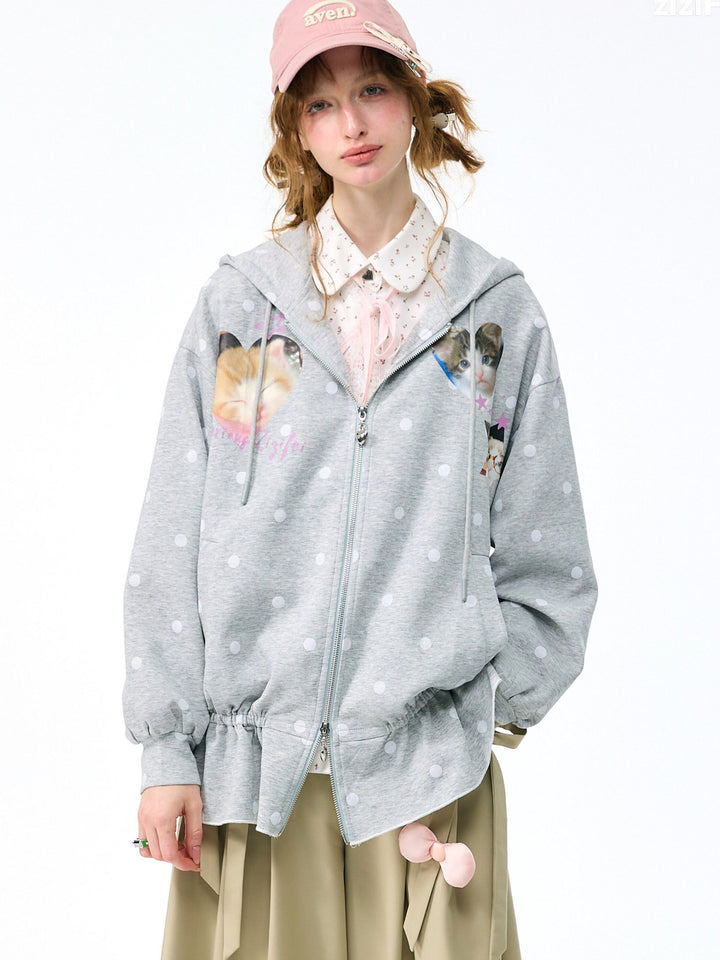 Heart Cat Graphic Zip-Up Hoodie