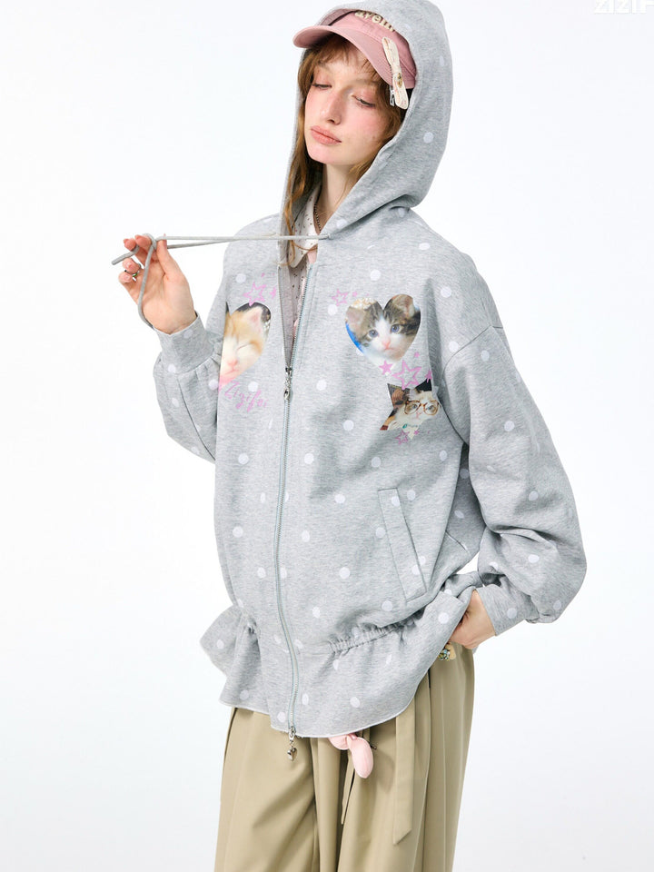 Heart Cat Graphic Zip-Up Hoodie