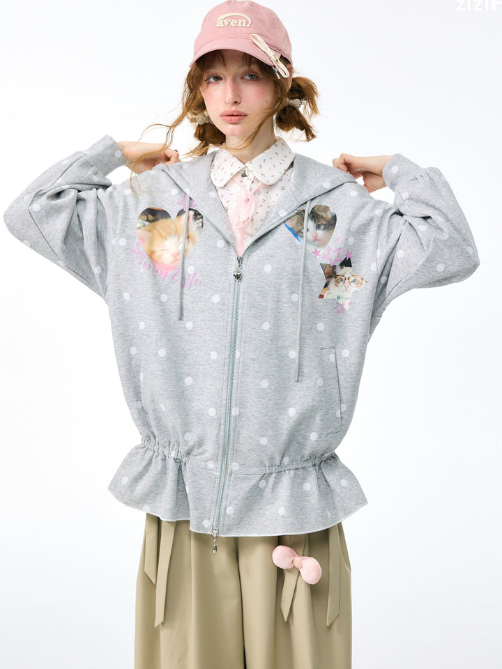 Heart Cat Graphic Zip-Up Hoodie