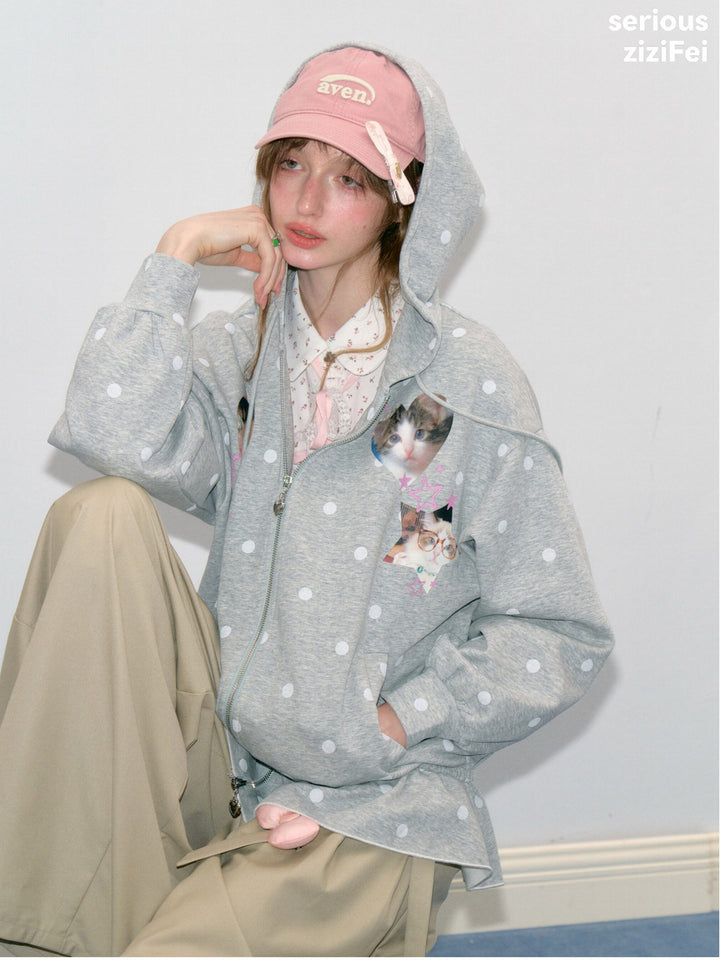 Heart Cat Graphic Zip-Up Hoodie