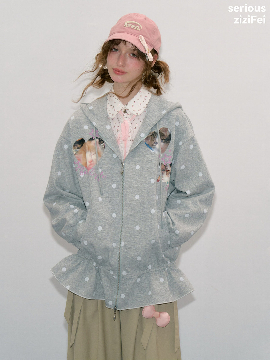 Heart Cat Graphic Zip-Up Hoodie