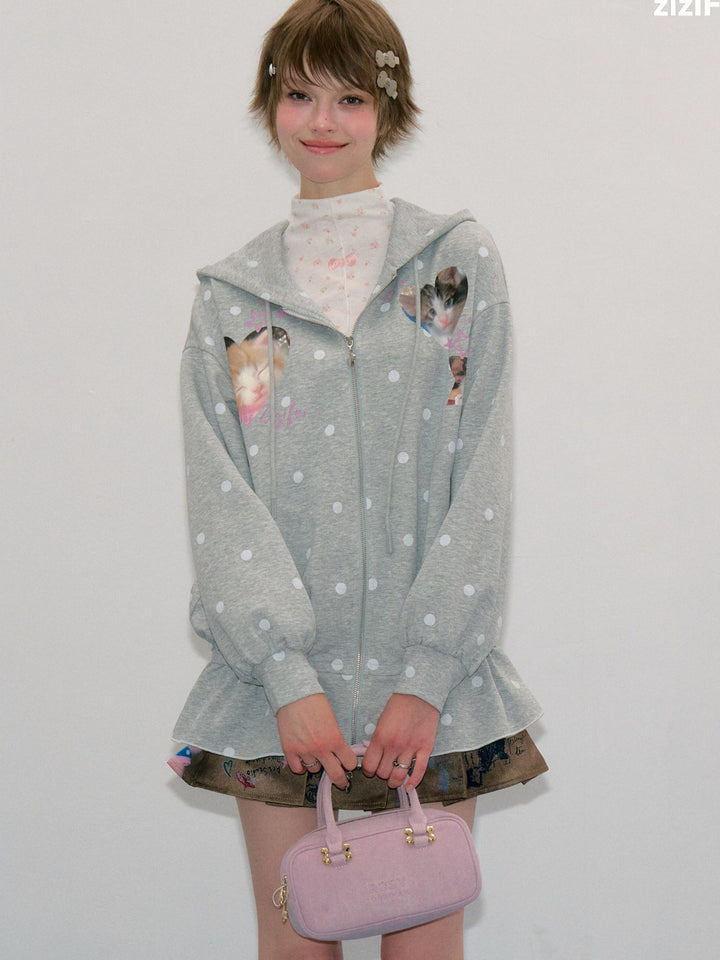 Heart Cat Graphic Zip-Up Hoodie