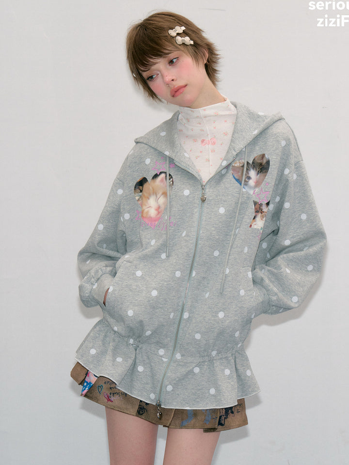 Heart Cat Graphic Zip-Up Hoodie