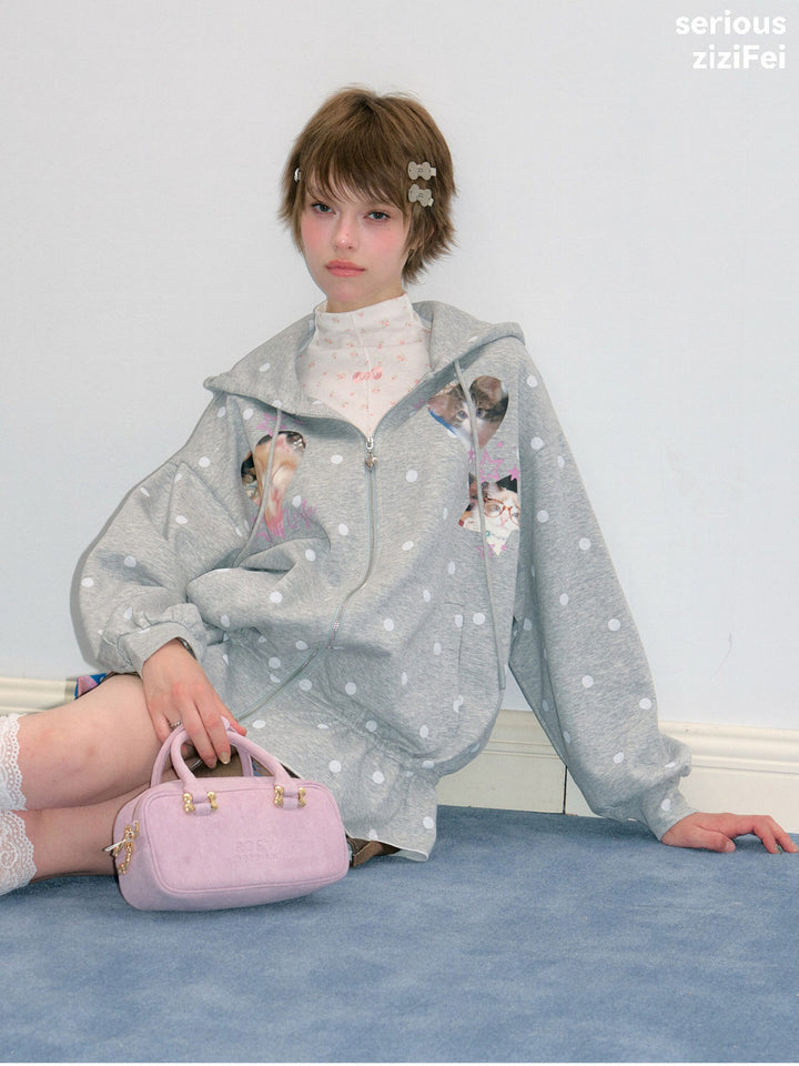 Heart Cat Graphic Zip-Up Hoodie