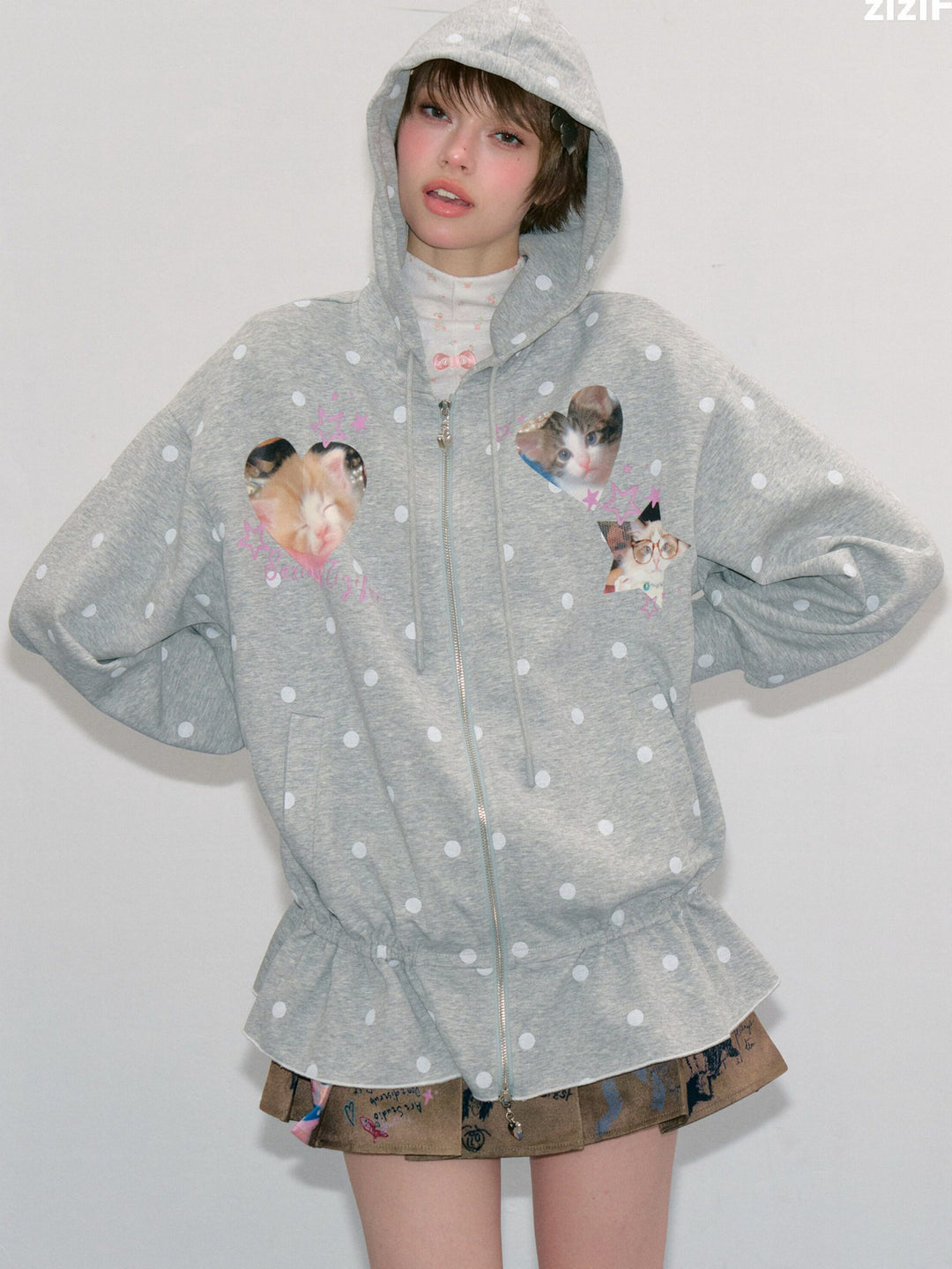 Heart Cat Graphic Zip-Up Hoodie