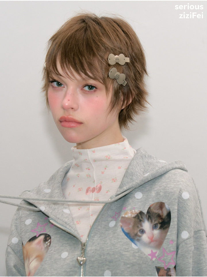 Heart Cat Graphic Zip-Up Hoodie