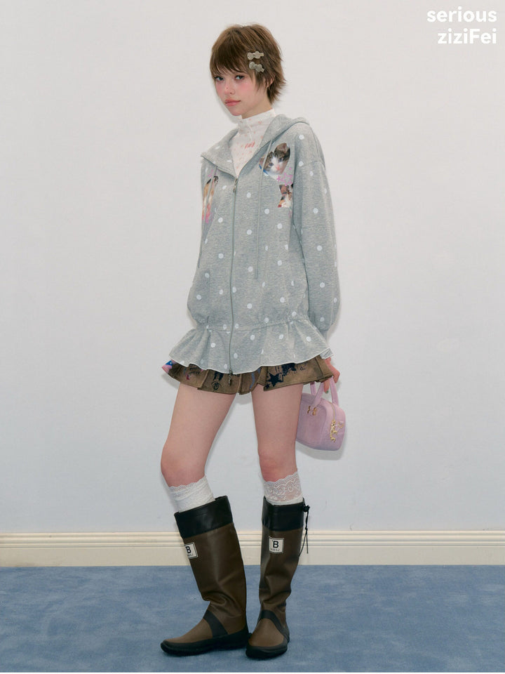 Heart Cat Graphic Zip-Up Hoodie