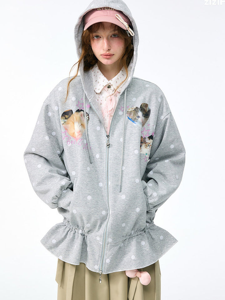 Heart Cat Graphic Zip-Up Hoodie