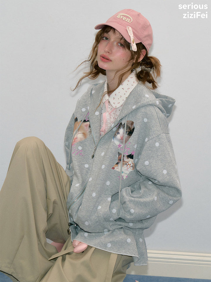 Heart Cat Graphic Zip-Up Hoodie