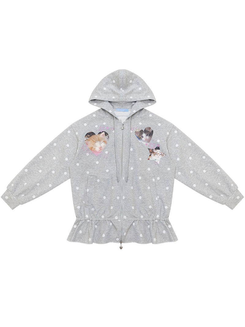 Heart Cat Graphic Zip-Up Hoodie