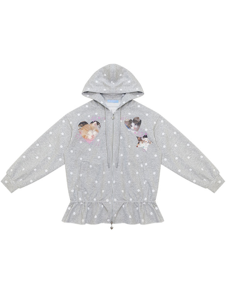 Heart Cat Graphic Zip-Up Hoodie