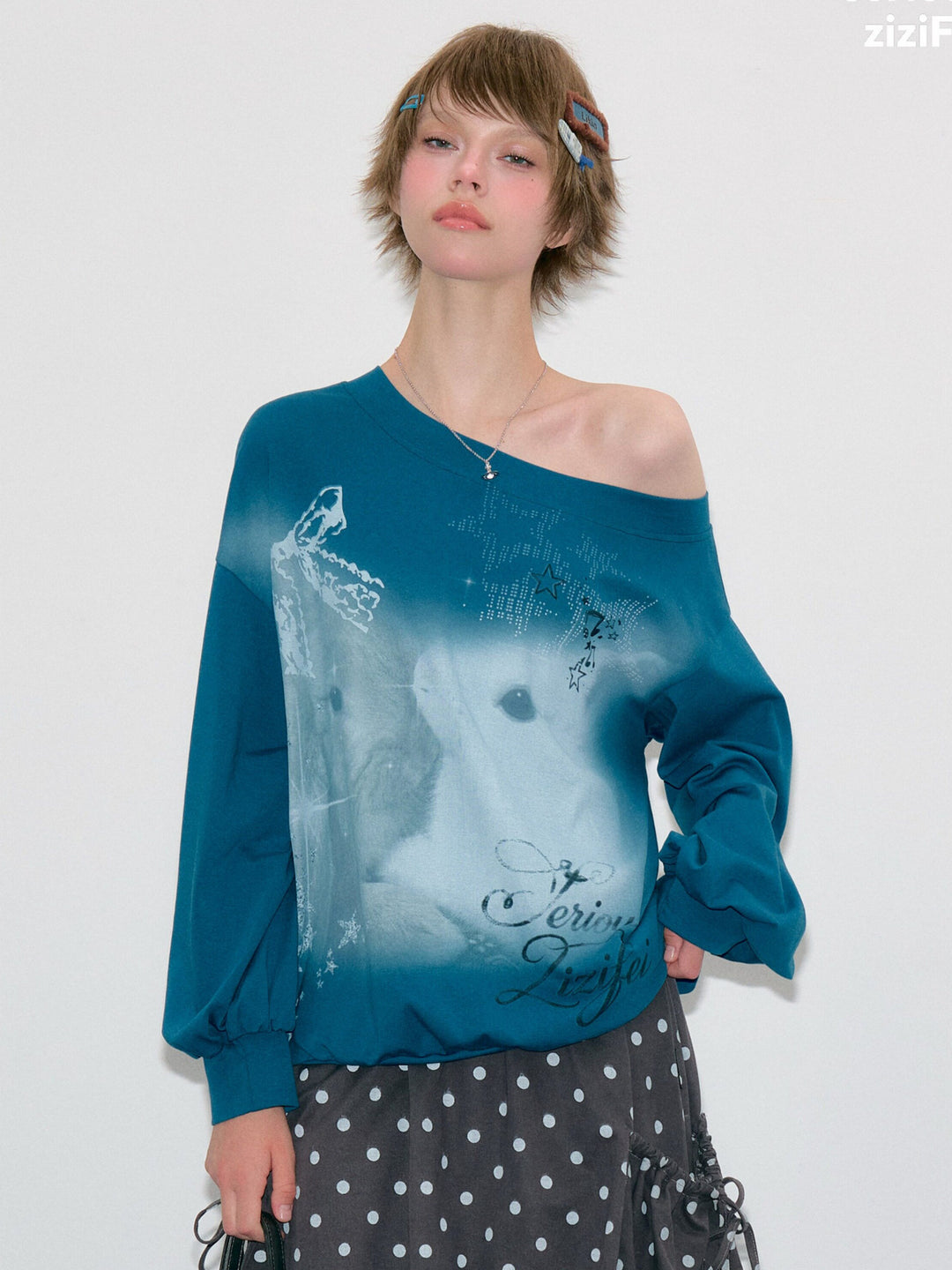 Off-Shoulder Bunny Graphic Sweatshirt