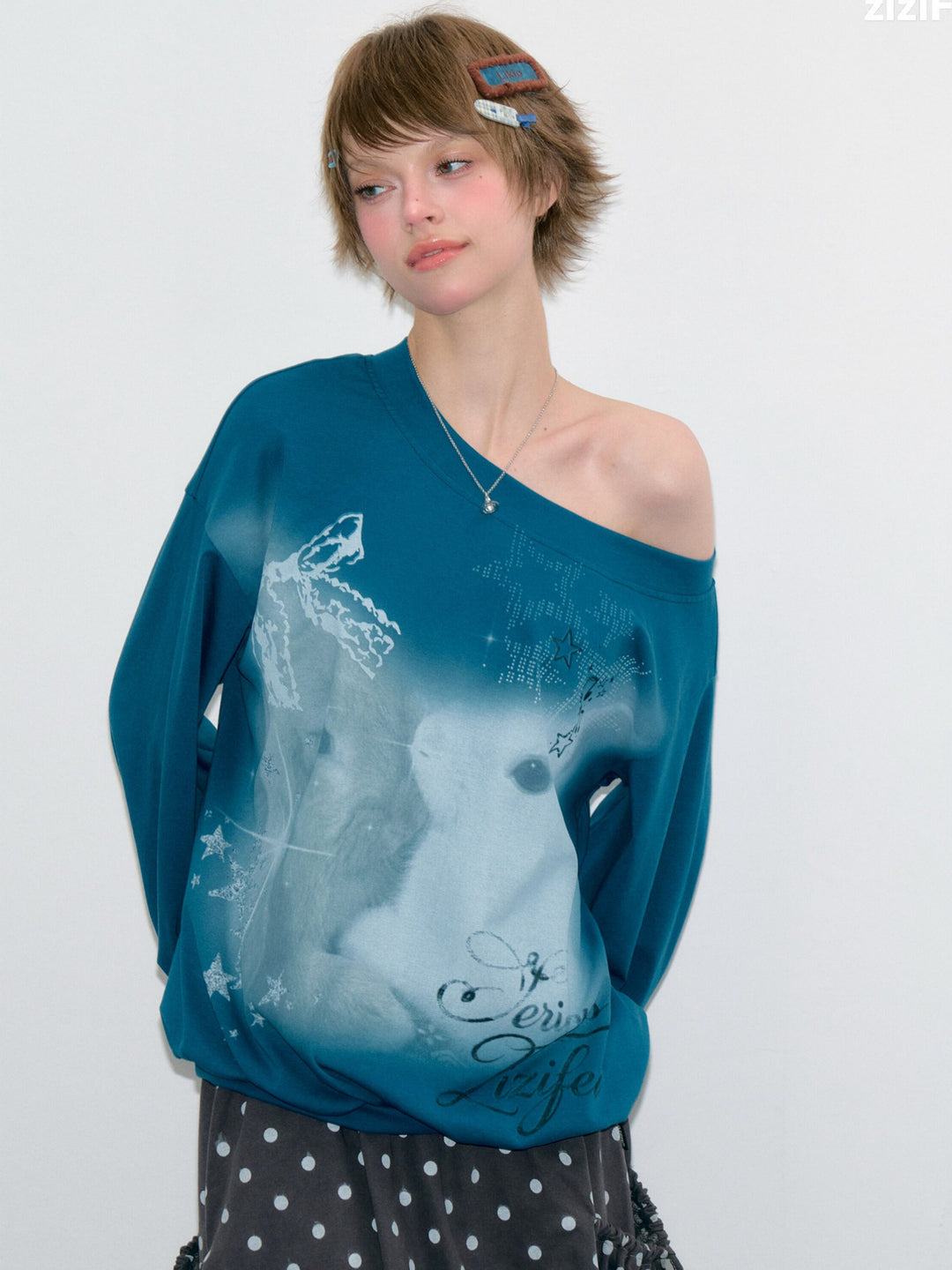 Off-Shoulder Bunny Graphic Sweatshirt
