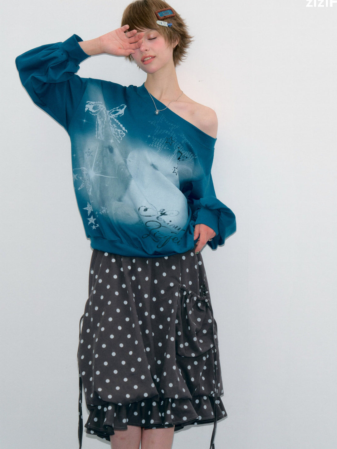 Off-Shoulder Bunny Graphic Sweatshirt