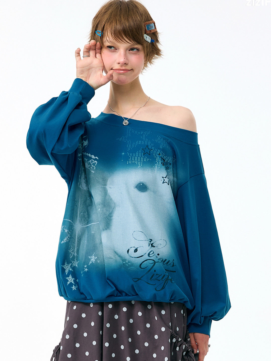 Off-Shoulder Bunny Graphic Sweatshirt