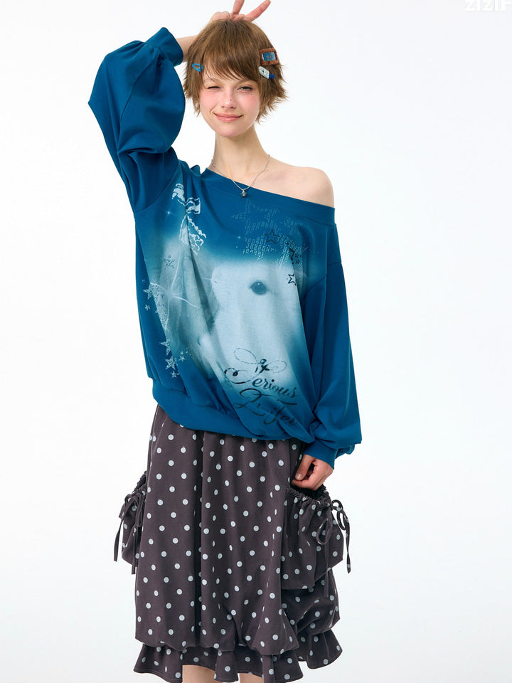 Off-Shoulder Bunny Graphic Sweatshirt