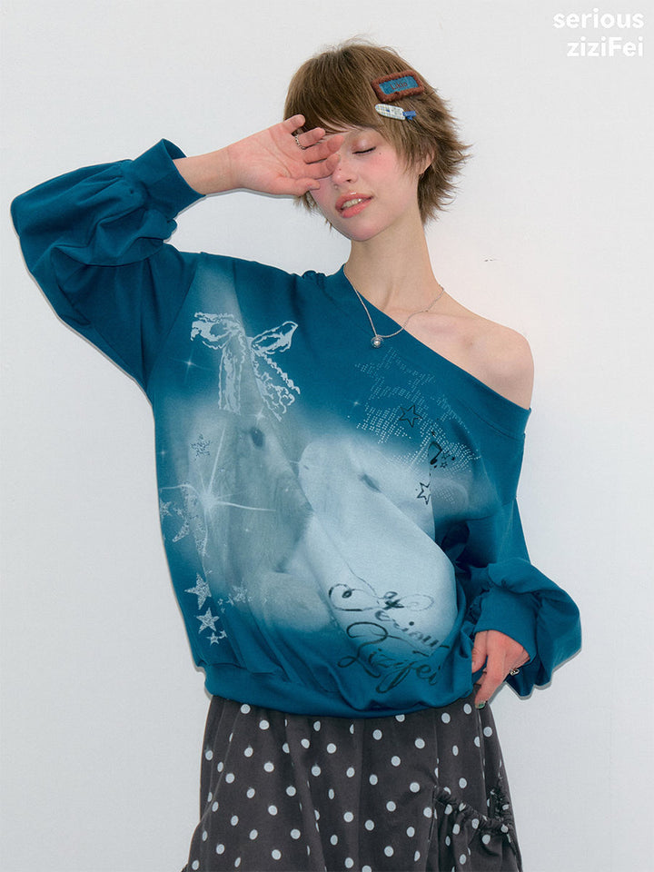 Off-Shoulder Bunny Graphic Sweatshirt