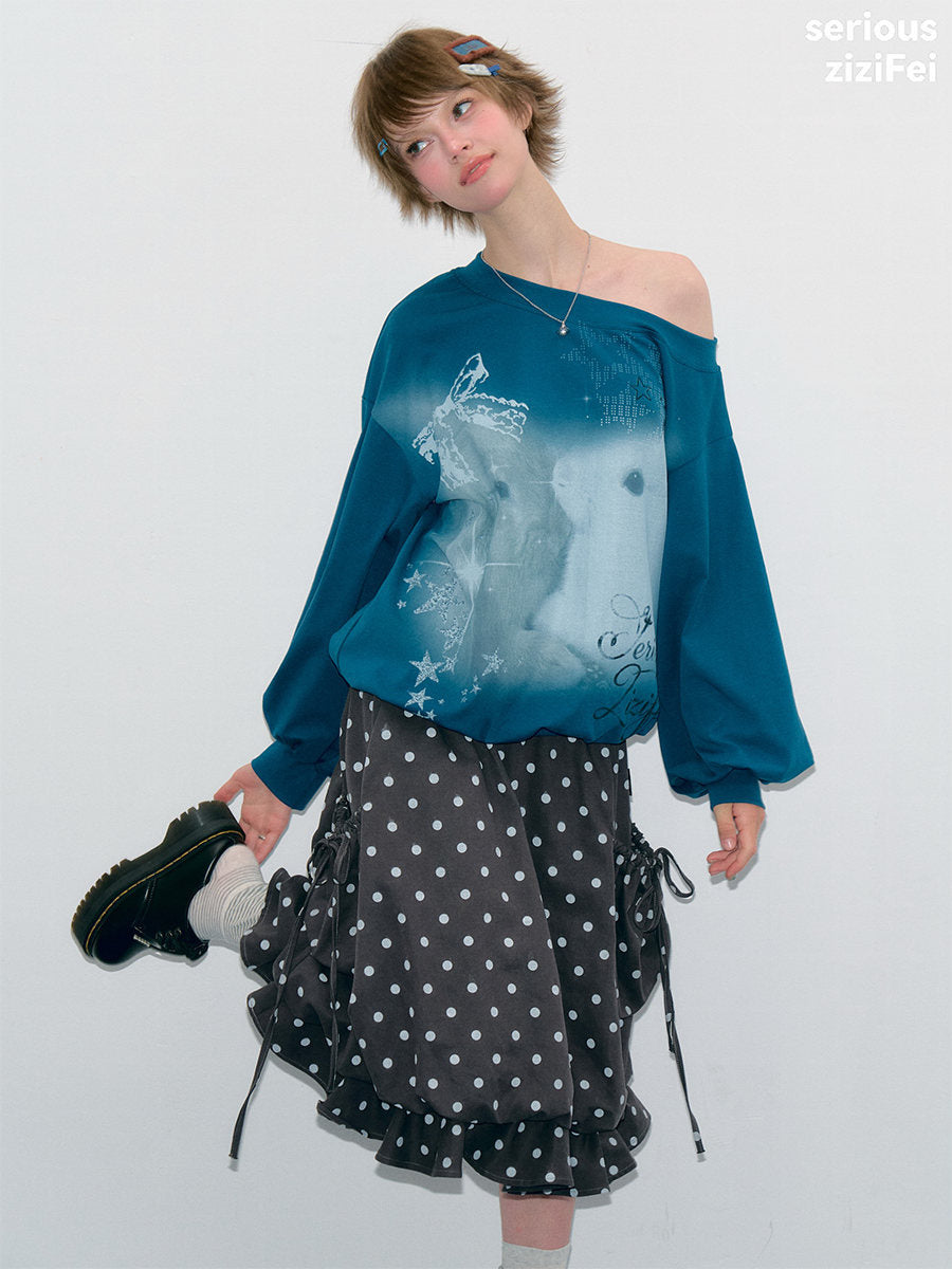 Off-Shoulder Bunny Graphic Sweatshirt