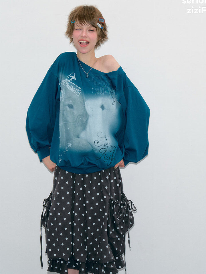 Off-Shoulder Bunny Graphic Sweatshirt