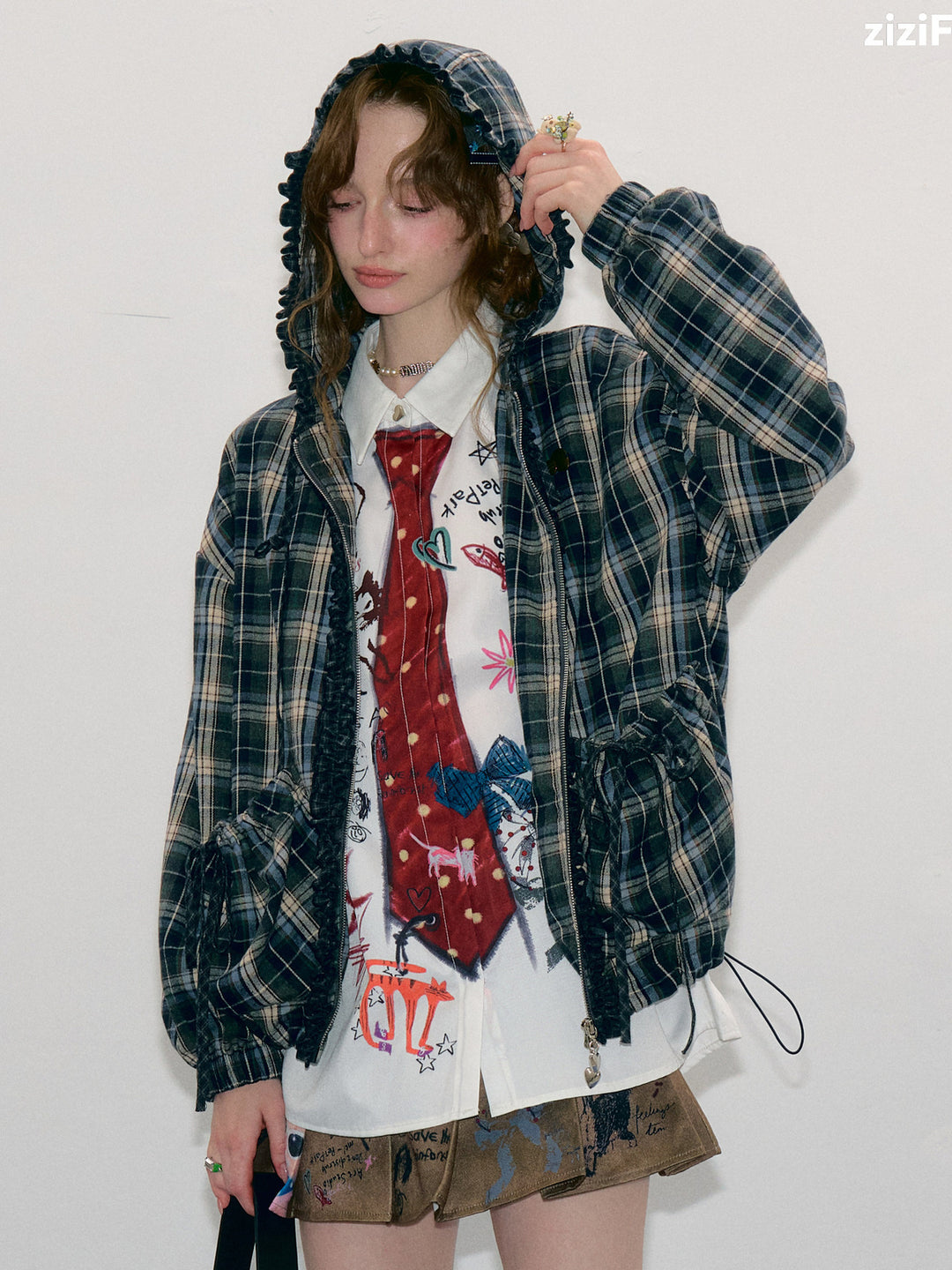Ruffle-Trim Plaid Hooded Jacket