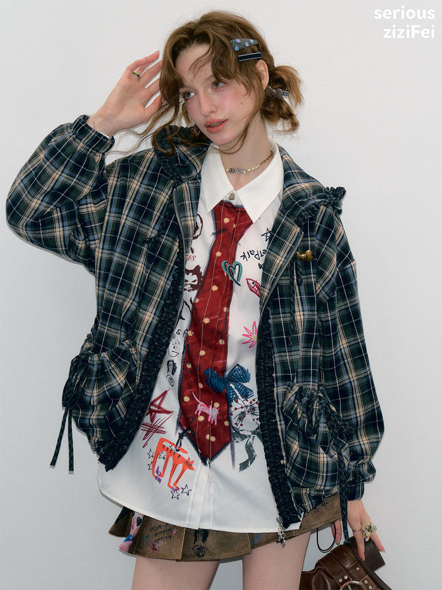 Ruffle-Trim Plaid Hooded Jacket