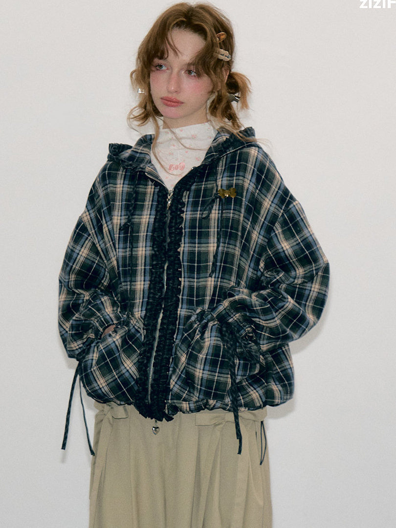 Ruffle-Trim Plaid Hooded Jacket