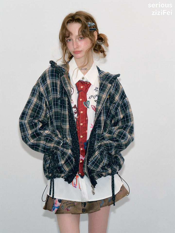 Ruffle-Trim Plaid Hooded Jacket