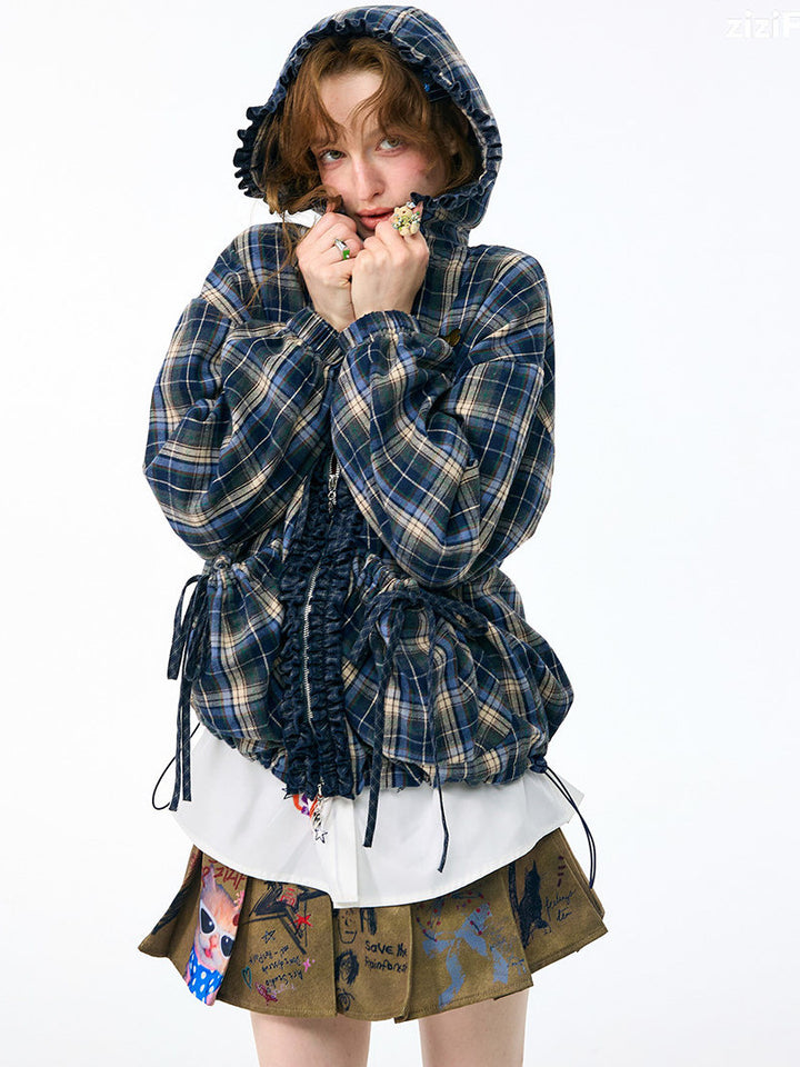 Ruffle-Trim Plaid Hooded Jacket