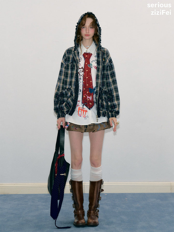 Ruffle-Trim Plaid Hooded Jacket