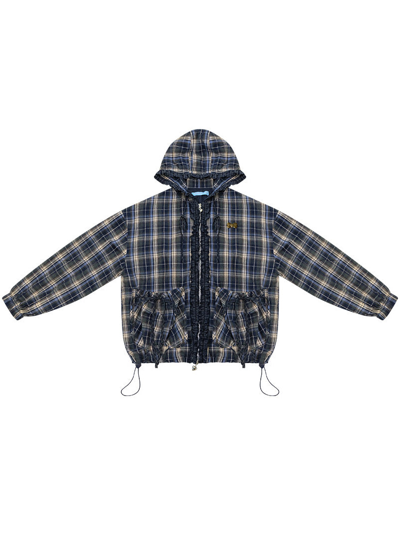 Ruffle-Trim Plaid Hooded Jacket