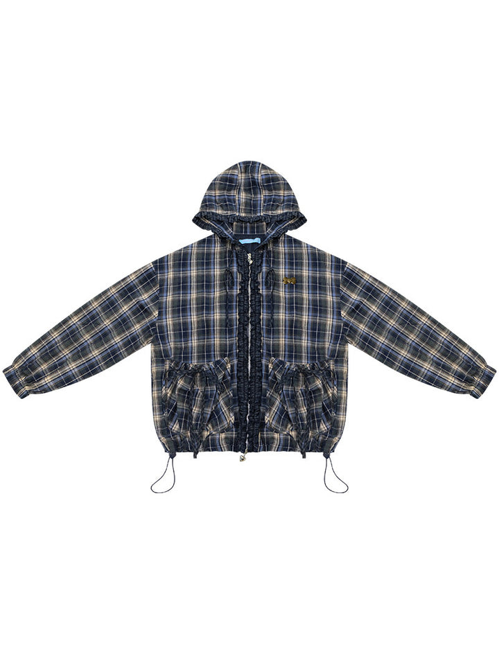 Ruffle-Trim Plaid Hooded Jacket