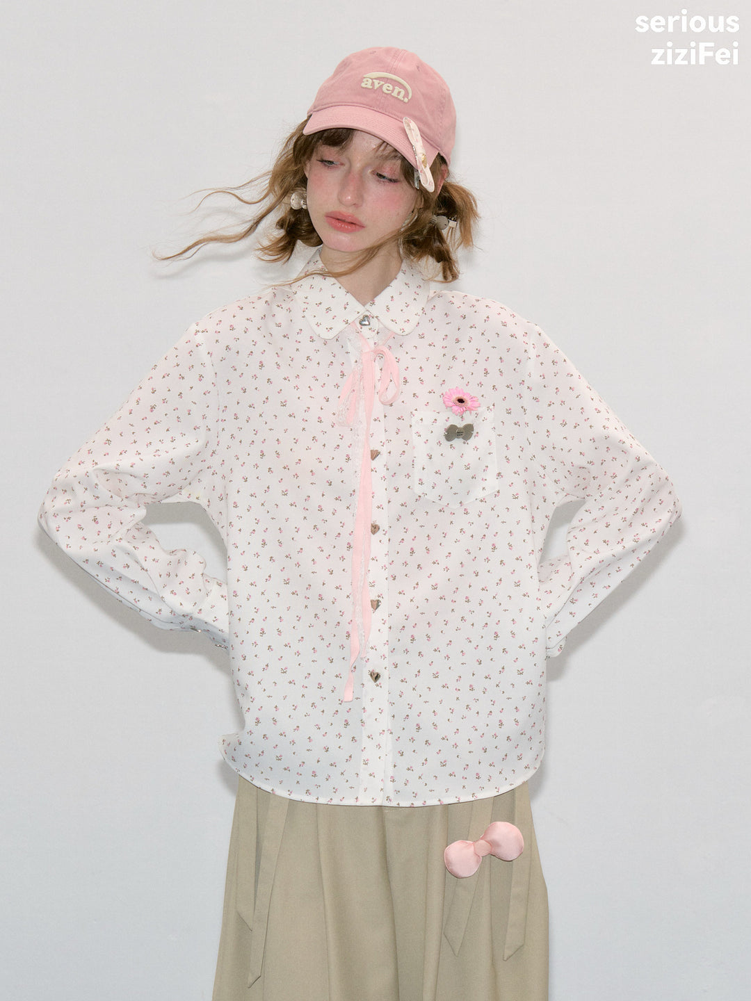Ditsy Floral Ribbon-Tie Shirt