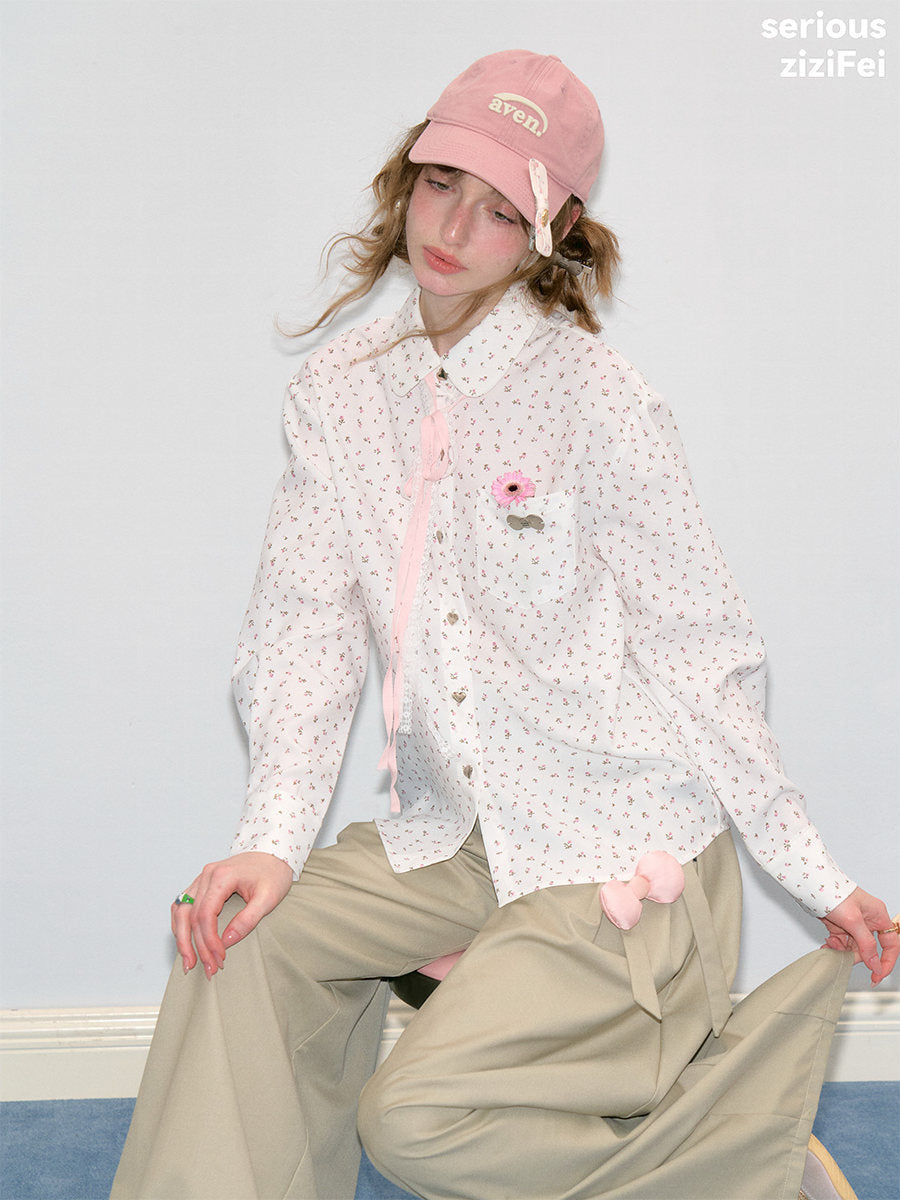 Ditsy Floral Ribbon-Tie Shirt
