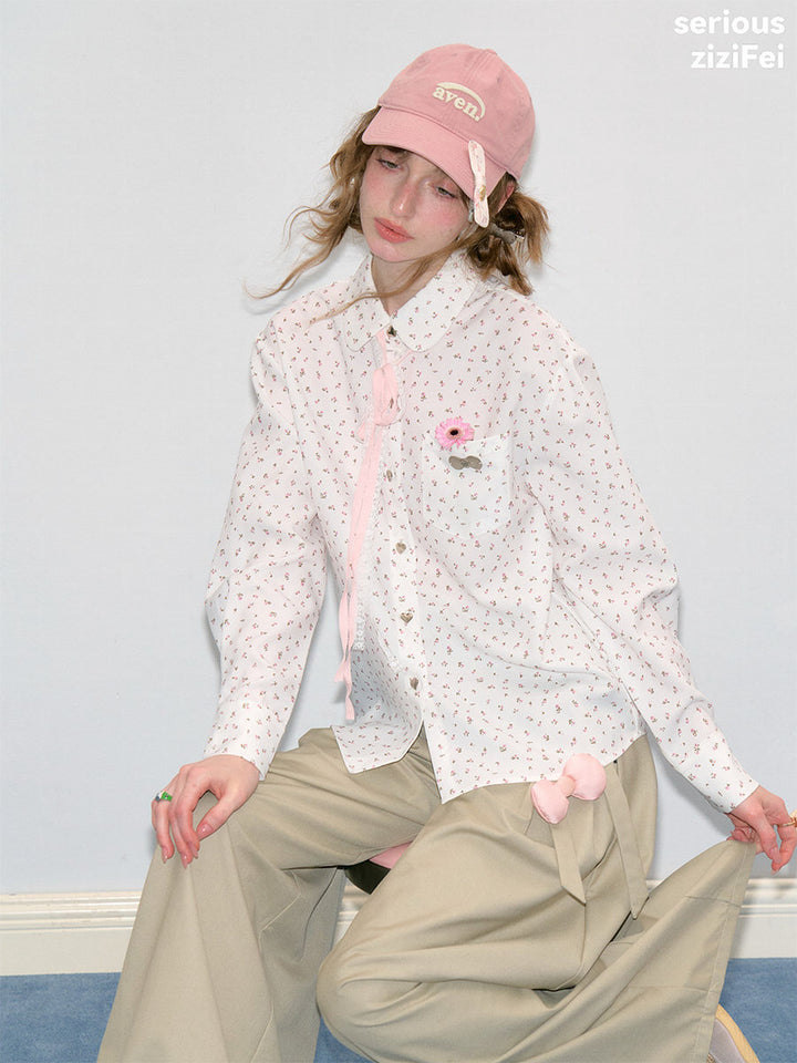 Ditsy Floral Ribbon-Tie Shirt