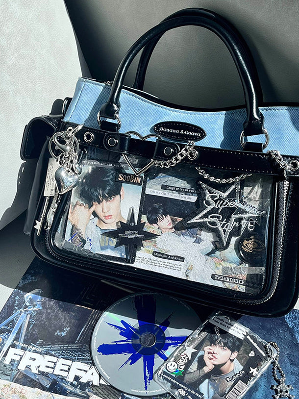 Two Tone Ita Handbag with Heart and Chain Detail