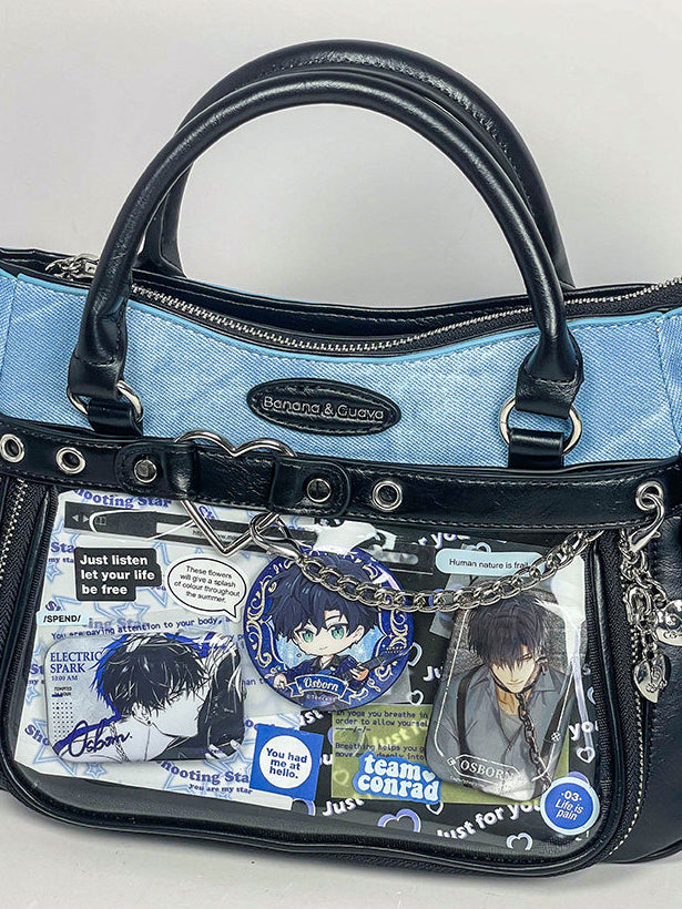 Two Tone Ita Handbag with Heart and Chain Detail