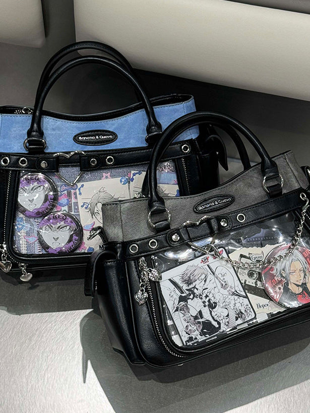 Two Tone Ita Handbag with Heart and Chain Detail