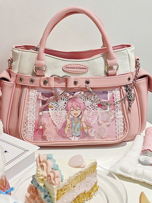 Two Tone Ita Handbag with Heart and Chain Detail
