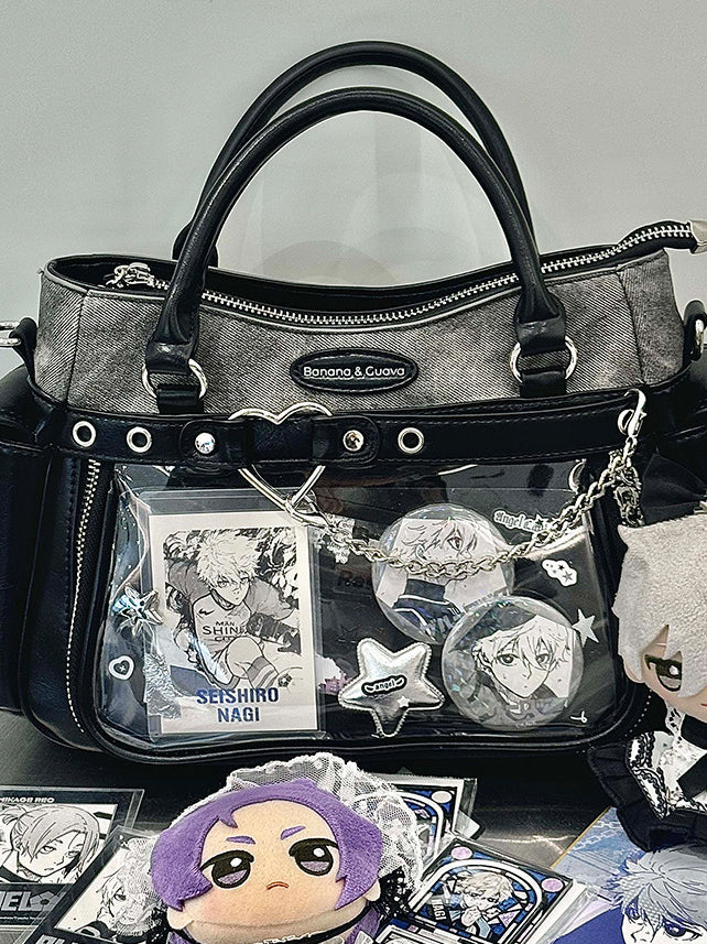 Two Tone Ita Handbag with Heart and Chain Detail