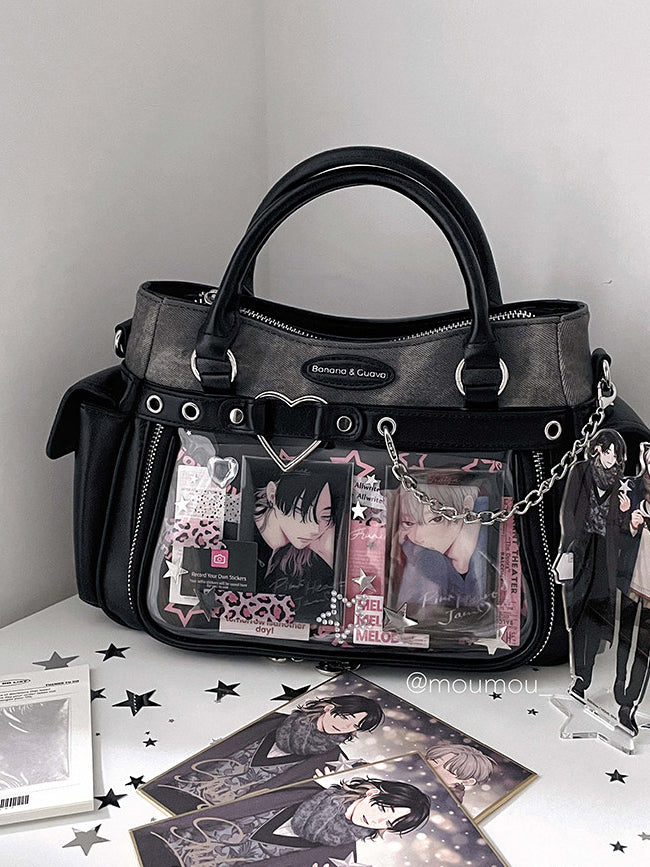 Two Tone Ita Handbag with Heart and Chain Detail